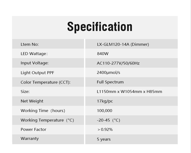 800w led grow light specification